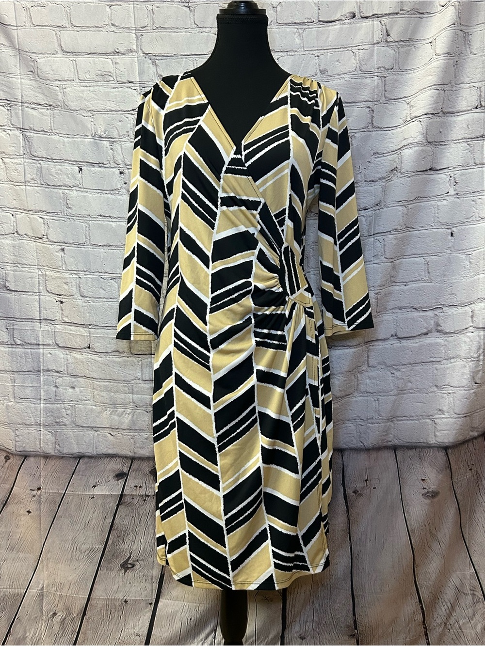 Aa Studio Black & Beige Chevron Midi Wrap Dress